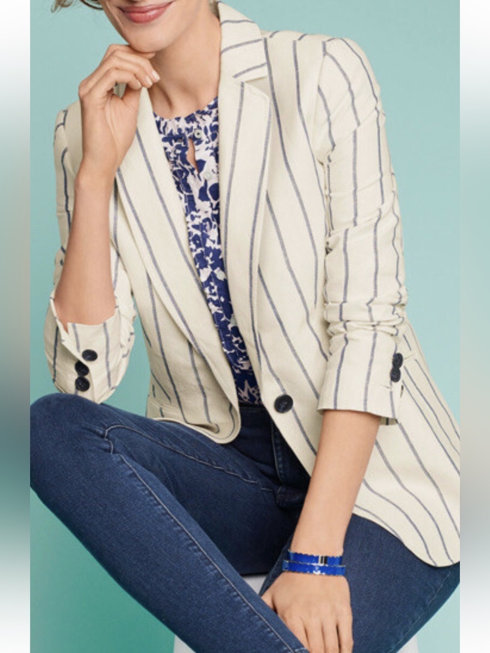 Talbots sz 16P cream and blue striped linen blazer